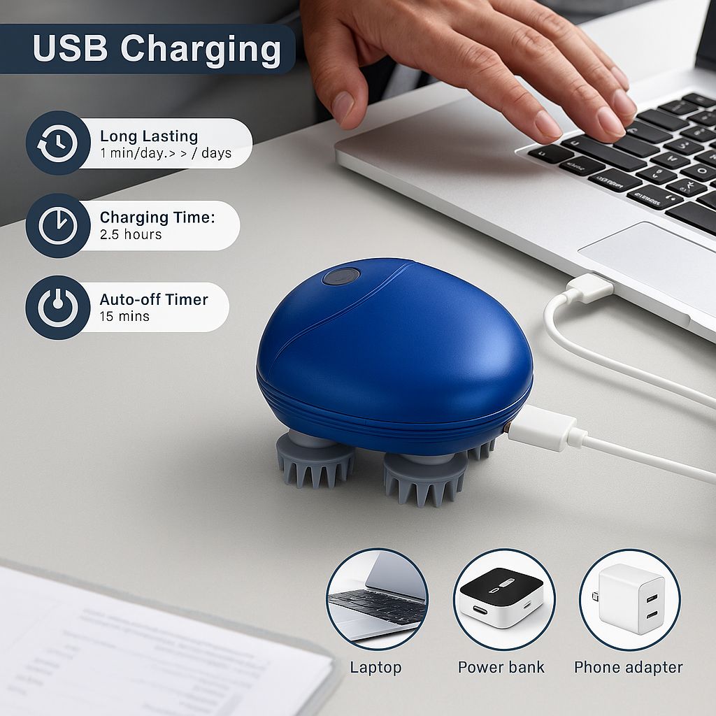 Scalp Massager | Rechargeable |Silicon Kneading Points | Scalp, Body & Head Massager for Hair Growth (Colour May Vary)