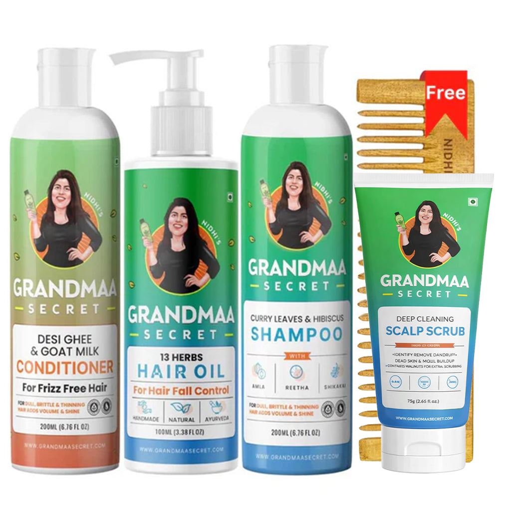Hair Growth Combo with Hair Oil, Shampoo, Conditioner and Scalp Scrub & Free Neem Comb